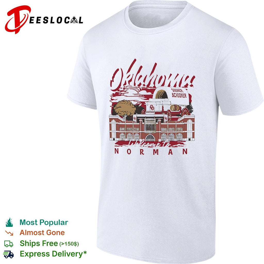 Oklahoma Sooners welcome to Norman stadium wagon sun shirt