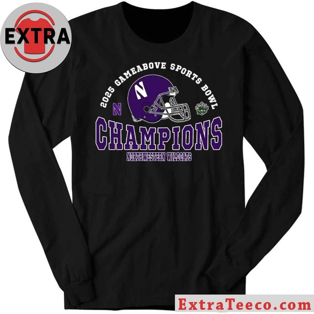 Original Celebrating the Northwestern Wildcats’ 2025 GameAbove Sports Bowl championship on December 26, 2025 at Ford Field, Detroit, Michigan Helmet And Logo Shirt
