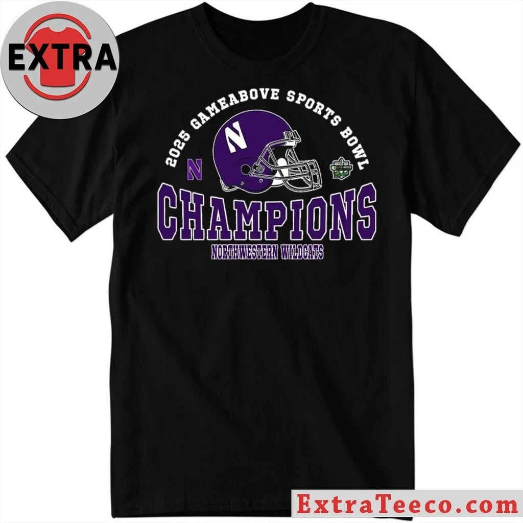 Original Celebrating the Northwestern Wildcats’ 2025 GameAbove Sports Bowl championship on December 26, 2025 at Ford Field, Detroit, Michigan Helmet And Logo Shirt