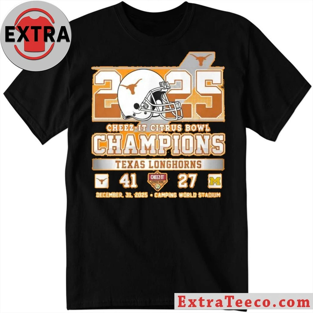 Original Commemorative T-shirt celebrating the Texas Longhorns’ victory at the 2025 Cheez-It Citrus Bowl. Texas 41 – Michigan 27 Camping World Stadium, Orlando, Florida Shirt