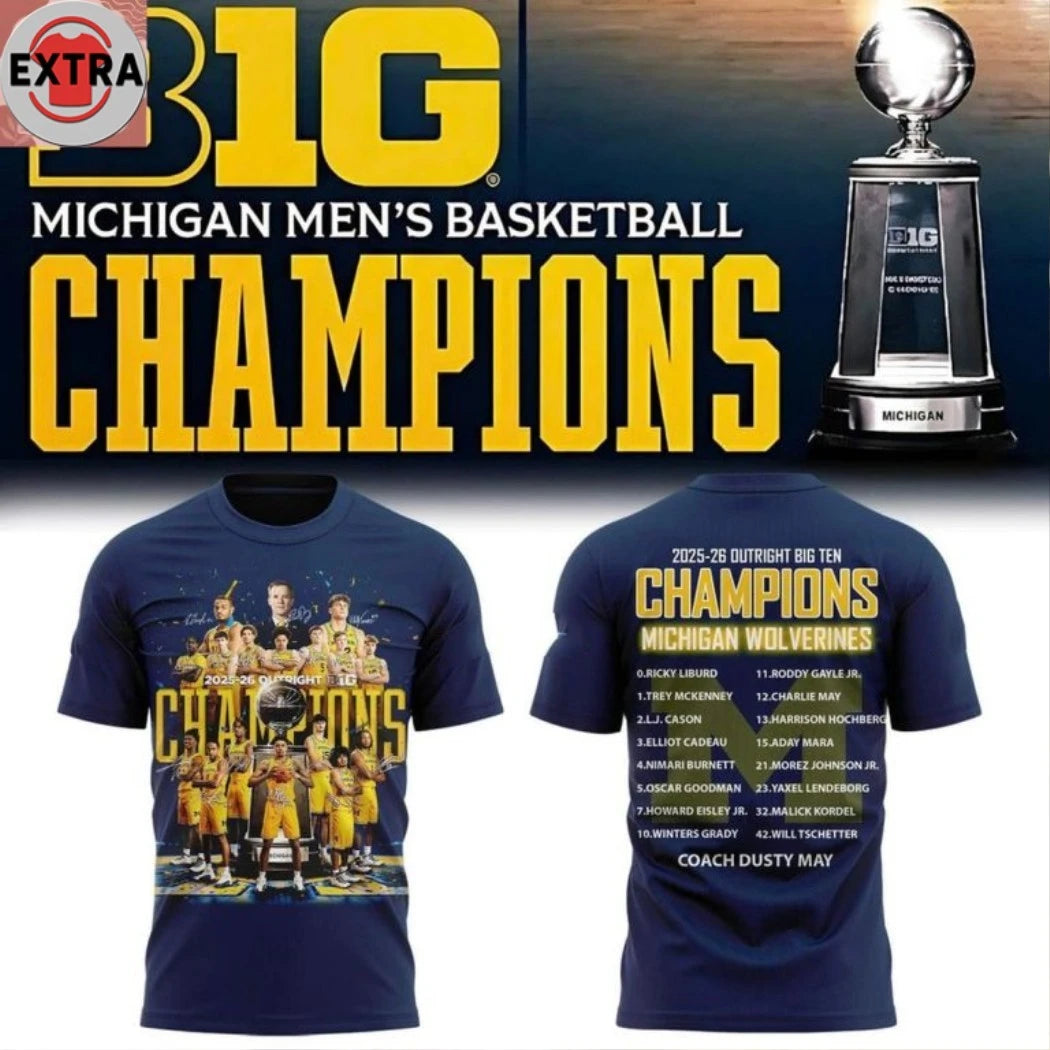 Original Michigan Wolverines Men’s Basketball 2025-26 Big Ten Outright Champions Logo Two Sided T-Shirt