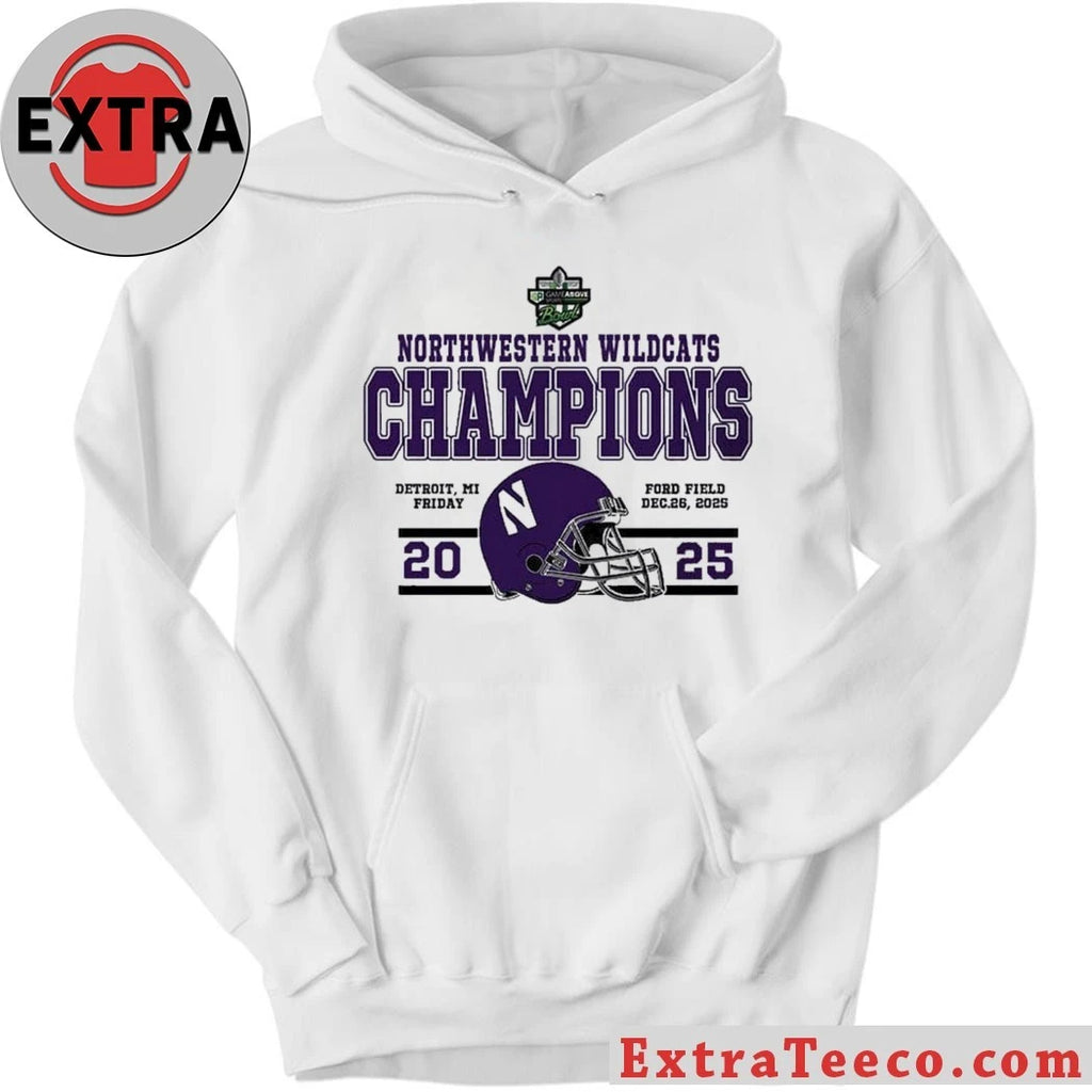 Original Northwestern Wildcats 2025 Gameabove Sports Bowl Champions, score 34-7, December 26, 2025, at Ford Field in Detroit, MI Helmet And Logo Shirt