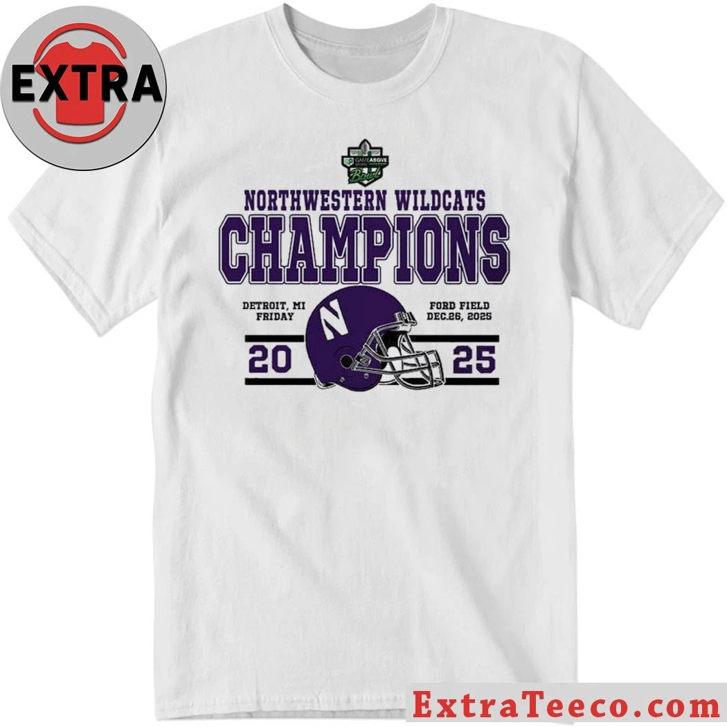 Original Northwestern Wildcats 2025 Gameabove Sports Bowl Champions, score 34-7, December 26, 2025, at Ford Field in Detroit, MI Helmet And Logo Shirt