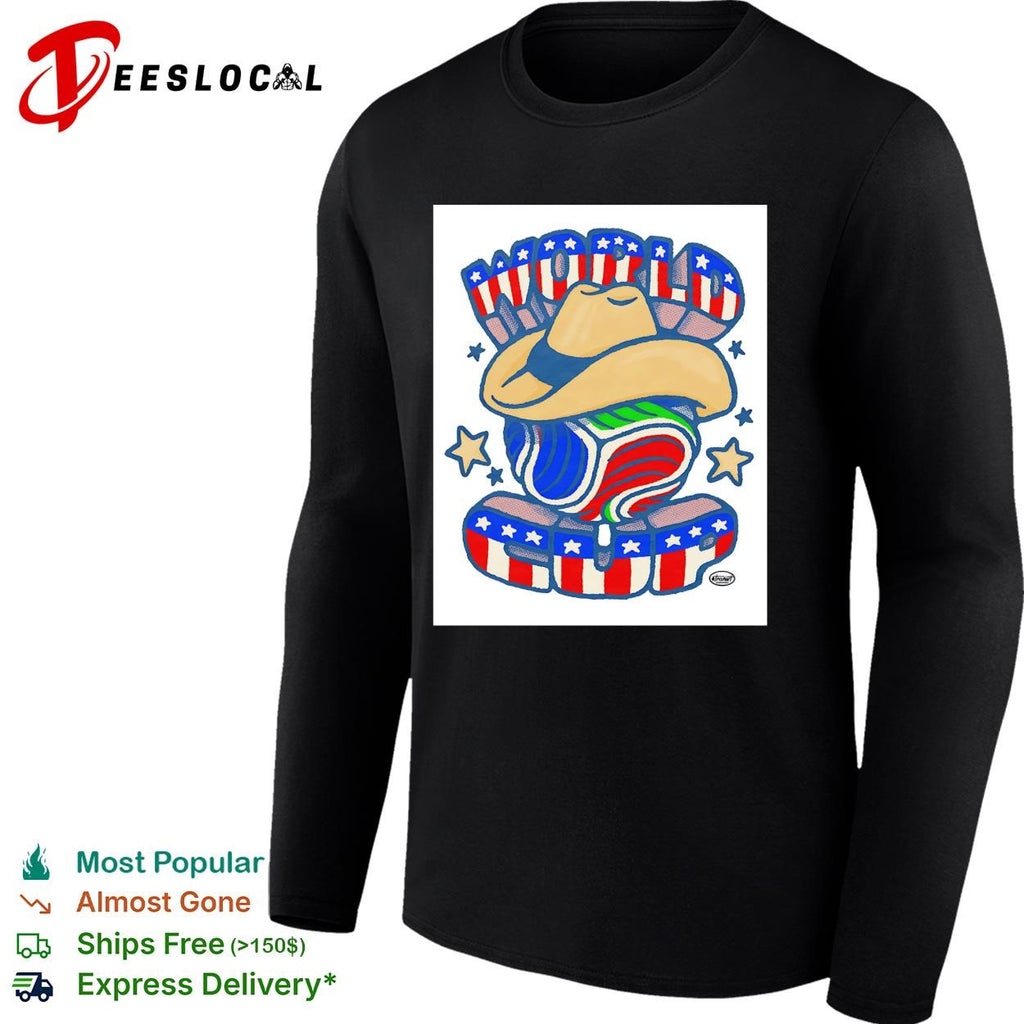 Patriotic peanut mascot wearing cowboy hat shirt