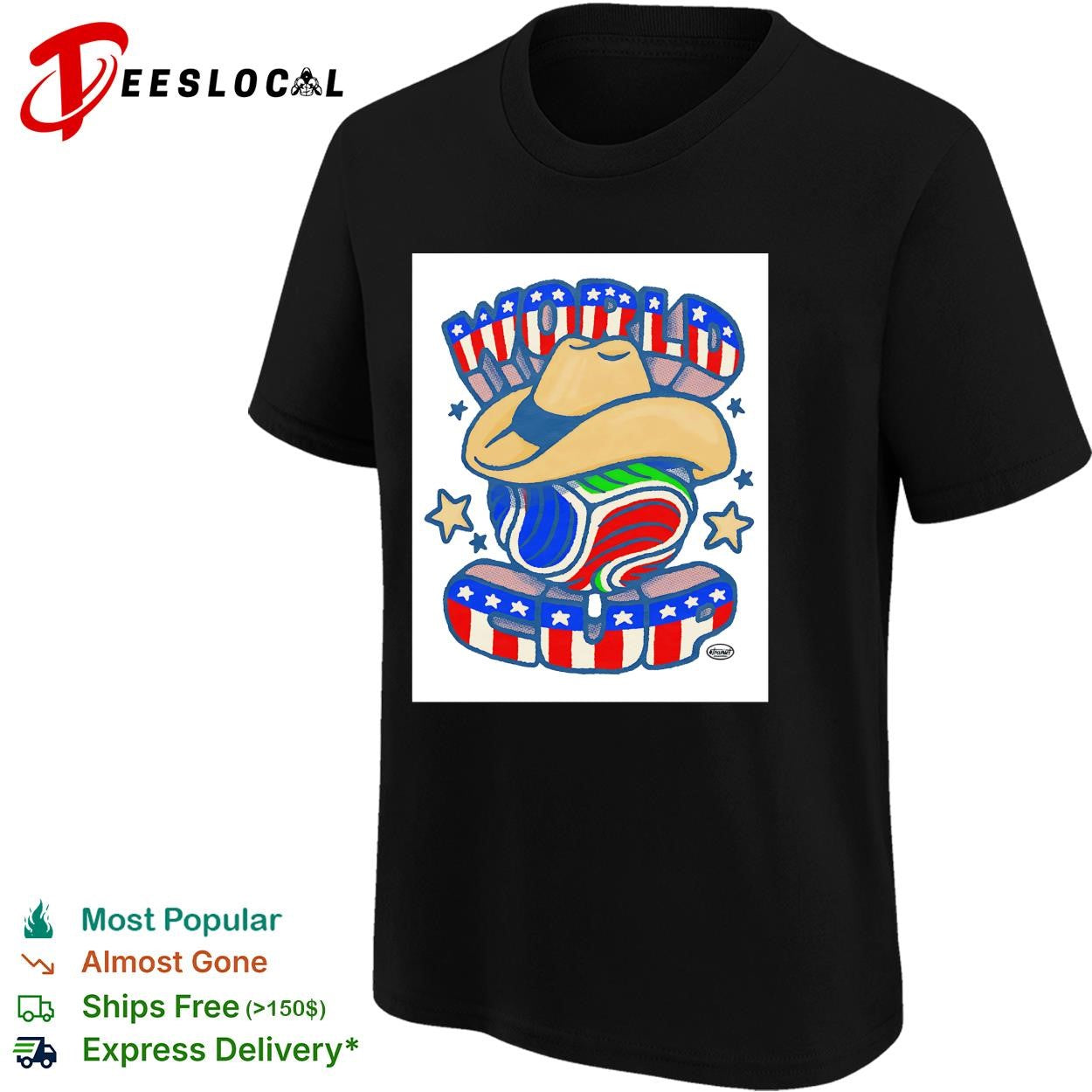 Patriotic peanut mascot wearing cowboy hat shirt