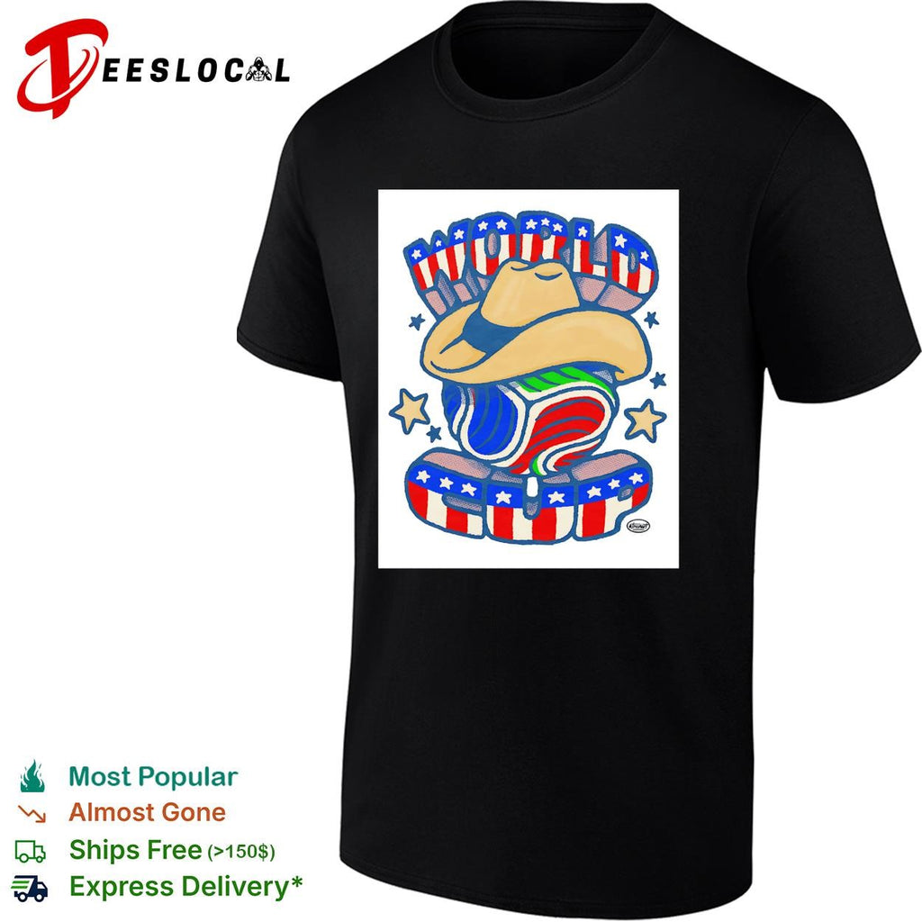 Patriotic peanut mascot wearing cowboy hat shirt