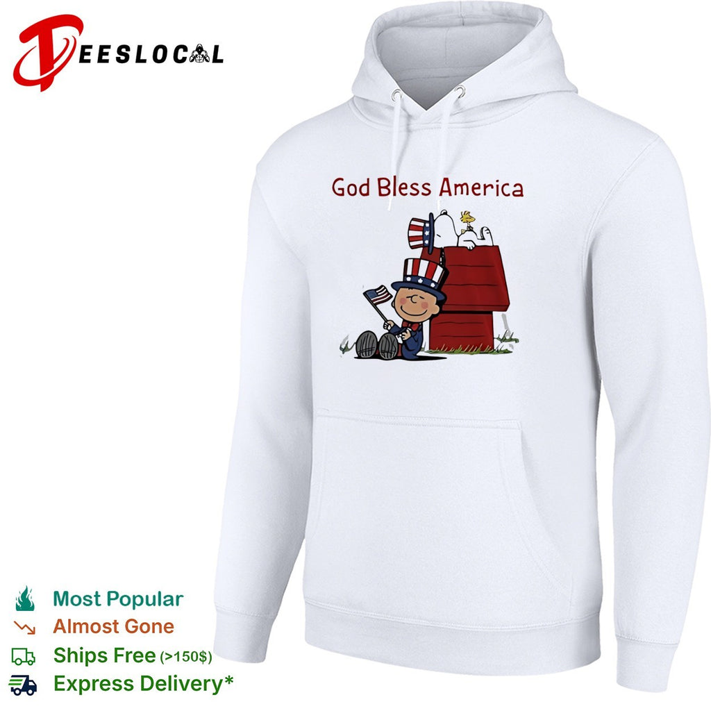 Peanuts Snoopy and Charlie Brown God bless America patriotic doghouse shirt