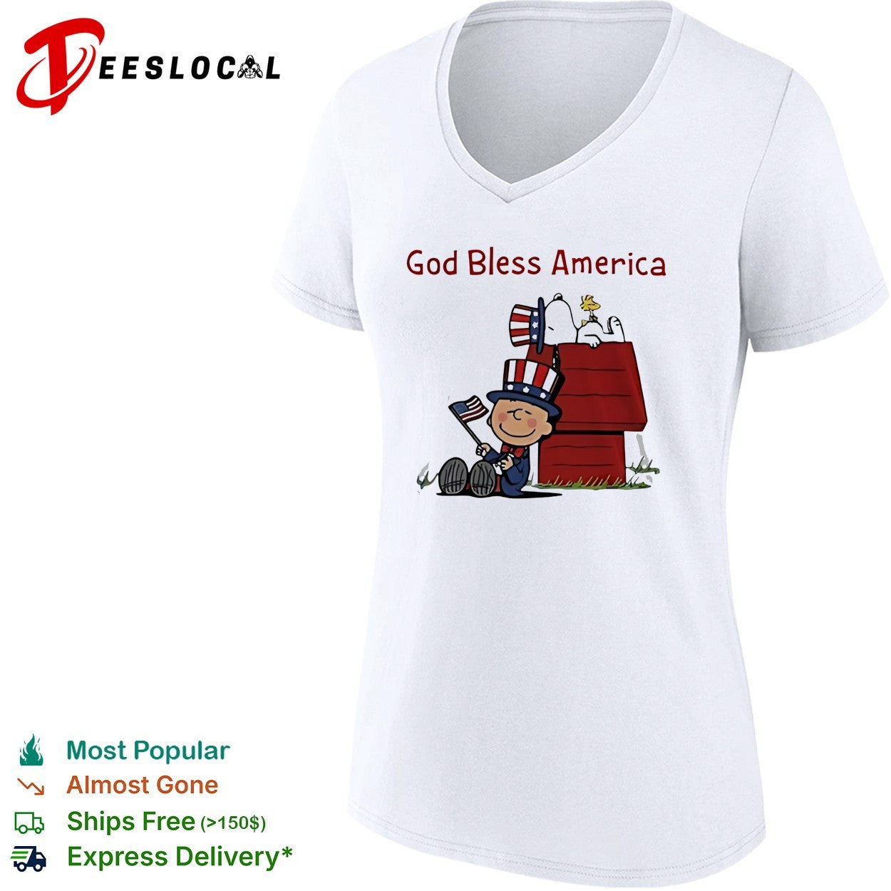 Peanuts Snoopy and Charlie Brown God bless America patriotic doghouse shirt