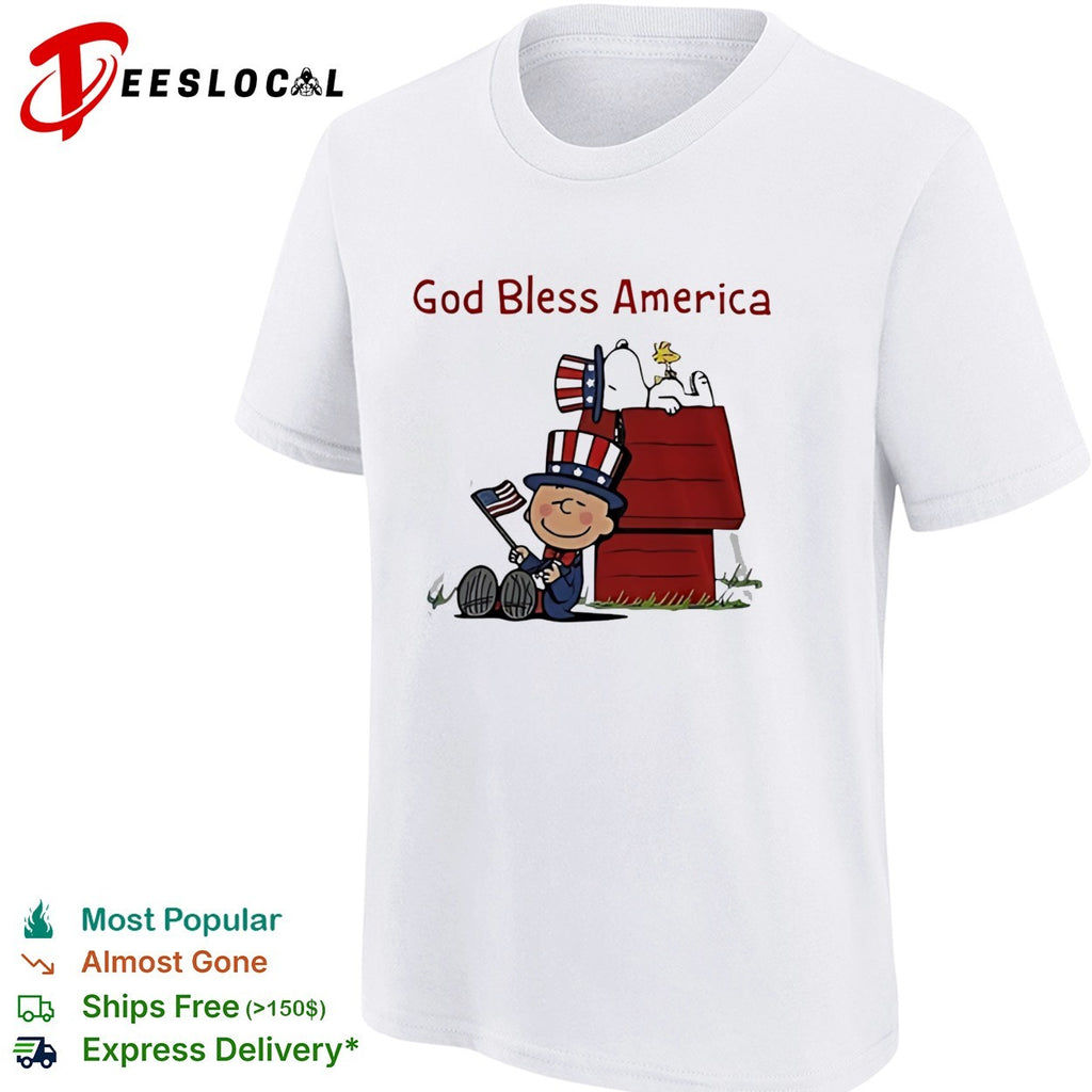 Peanuts Snoopy and Charlie Brown God bless America patriotic doghouse shirt