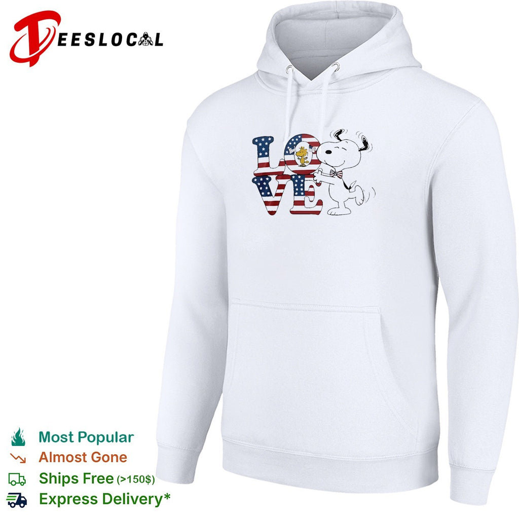 Peanuts Snoopy and Woodstock love American flag patriotic typography shirt