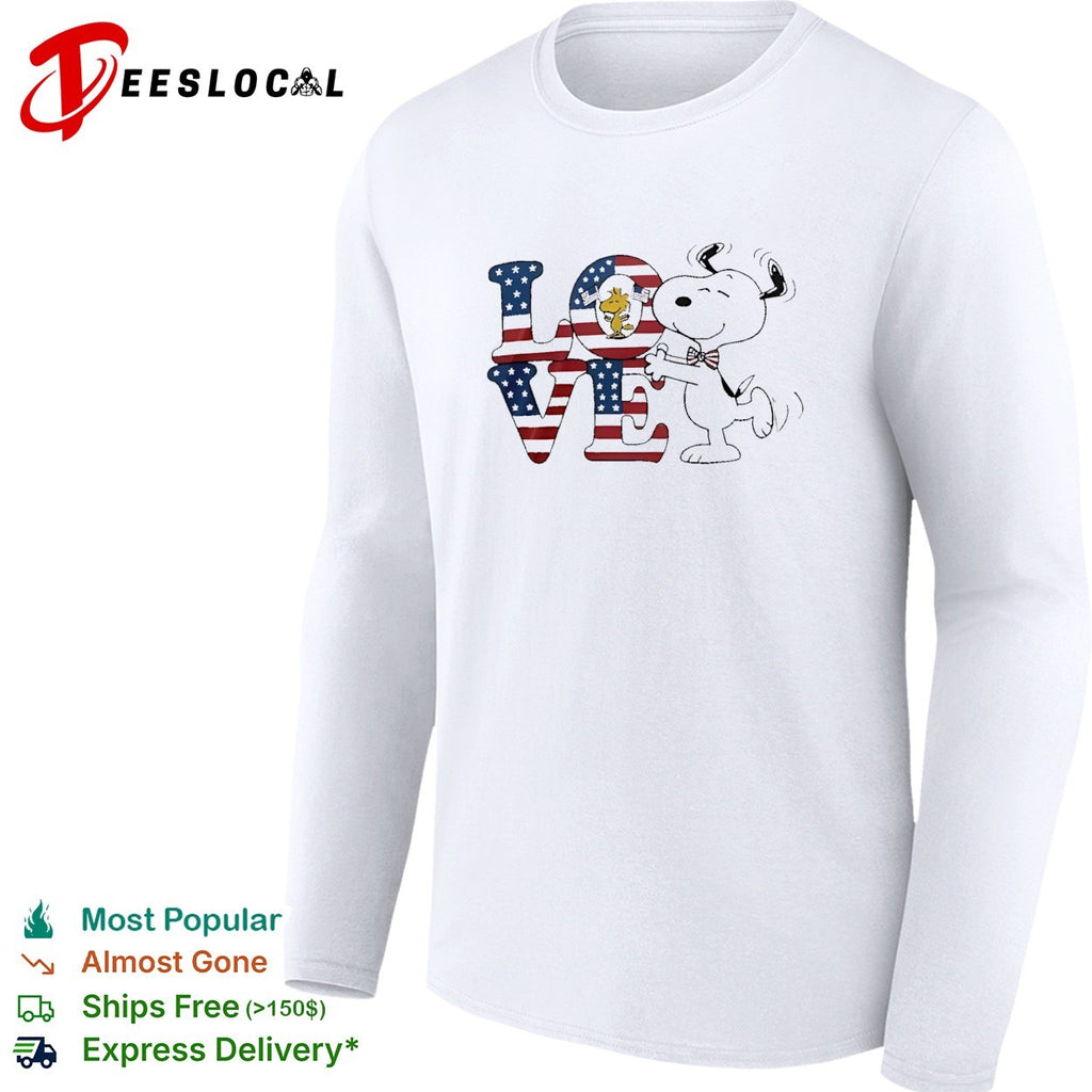 Peanuts Snoopy and Woodstock love American flag patriotic typography shirt