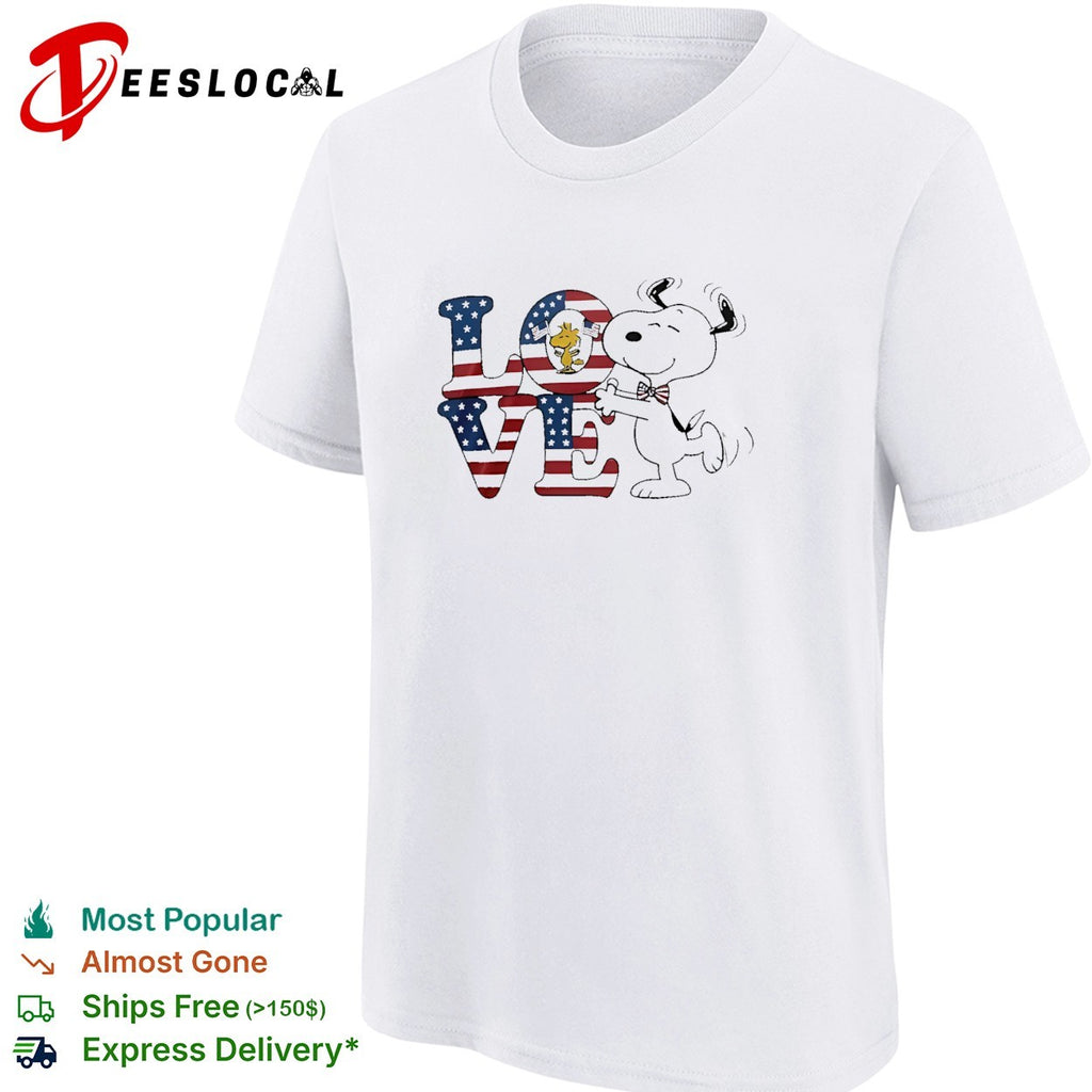 Peanuts Snoopy and Woodstock love American flag patriotic typography shirt