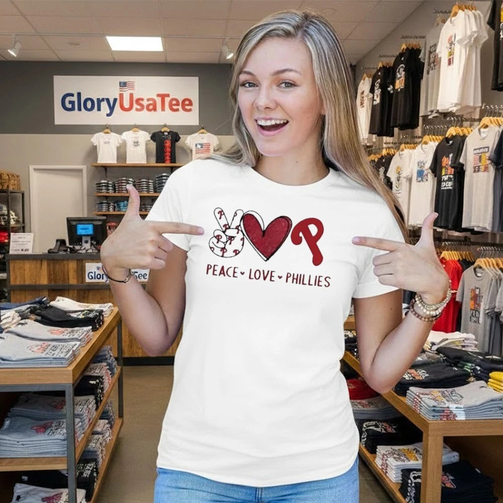 Philadelphia Phillies Peace Love Phillies hand sign heart shape and logo Shirt