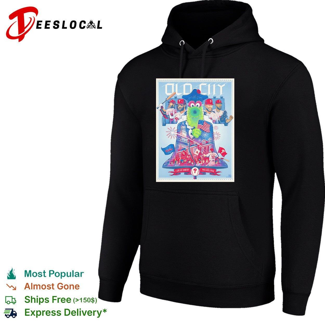 Phillie Phanatic holding flag old city Philadelphia shirt