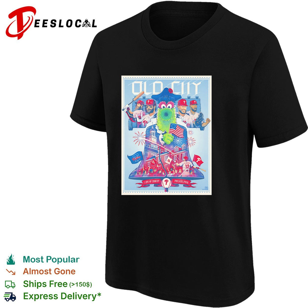 Phillie Phanatic holding flag old city Philadelphia shirt