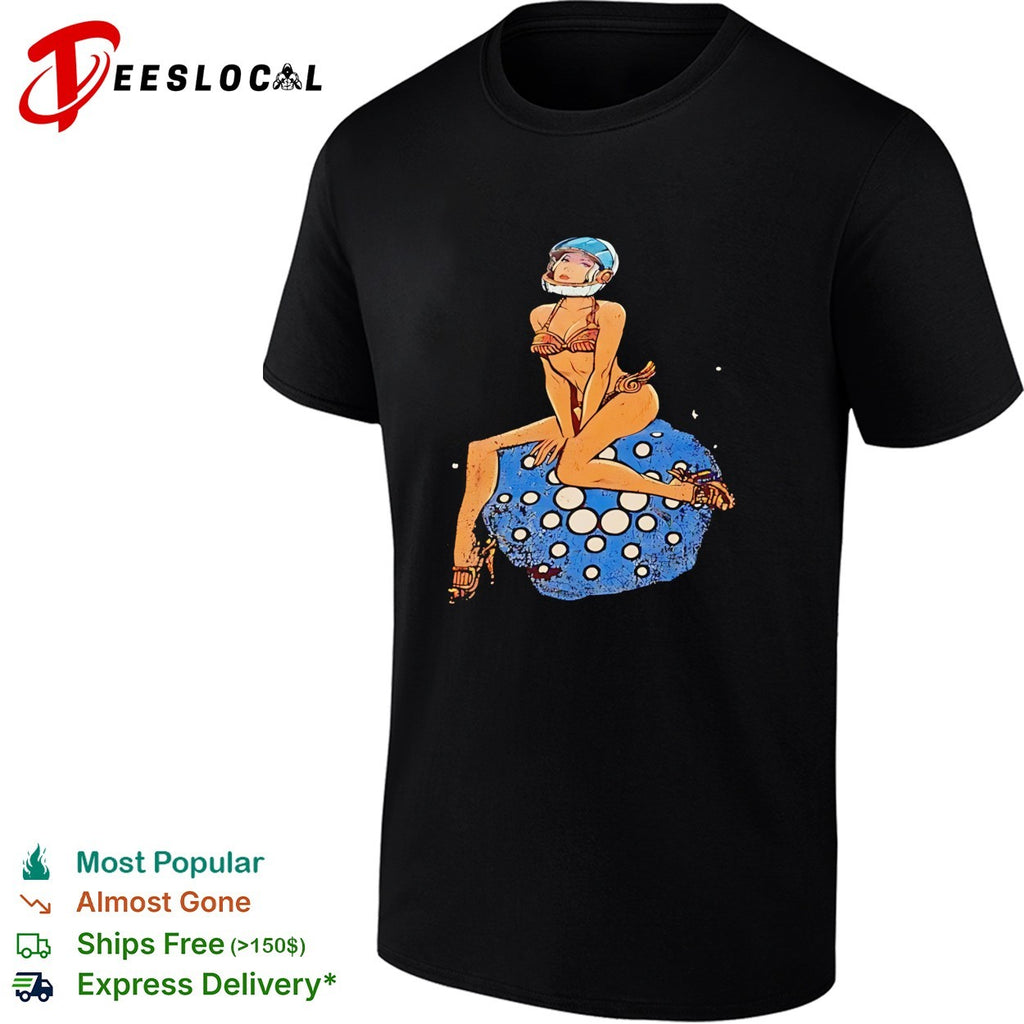 Pinup woman in astronaut helmet sitting on disco ball moon shirt