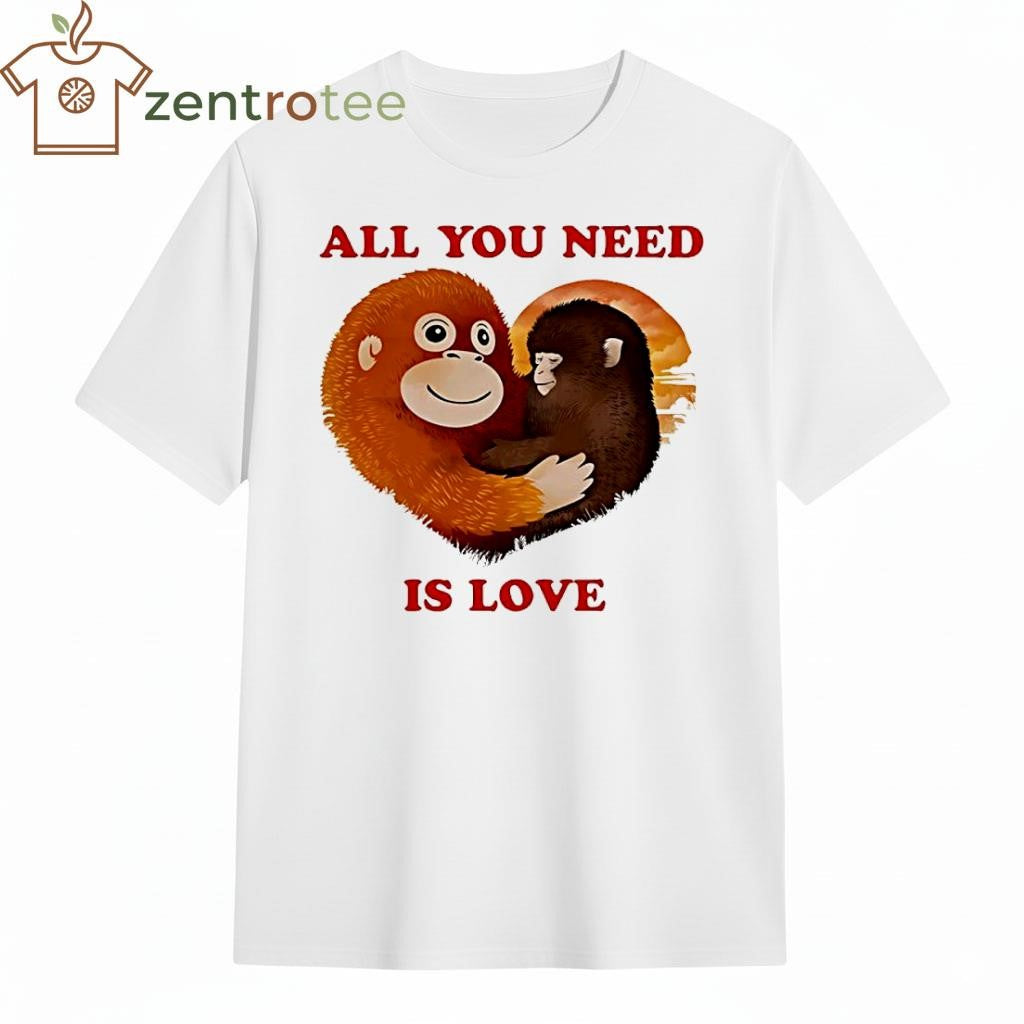 Punch The Monkey with toy All You Need Is Love heart shirt