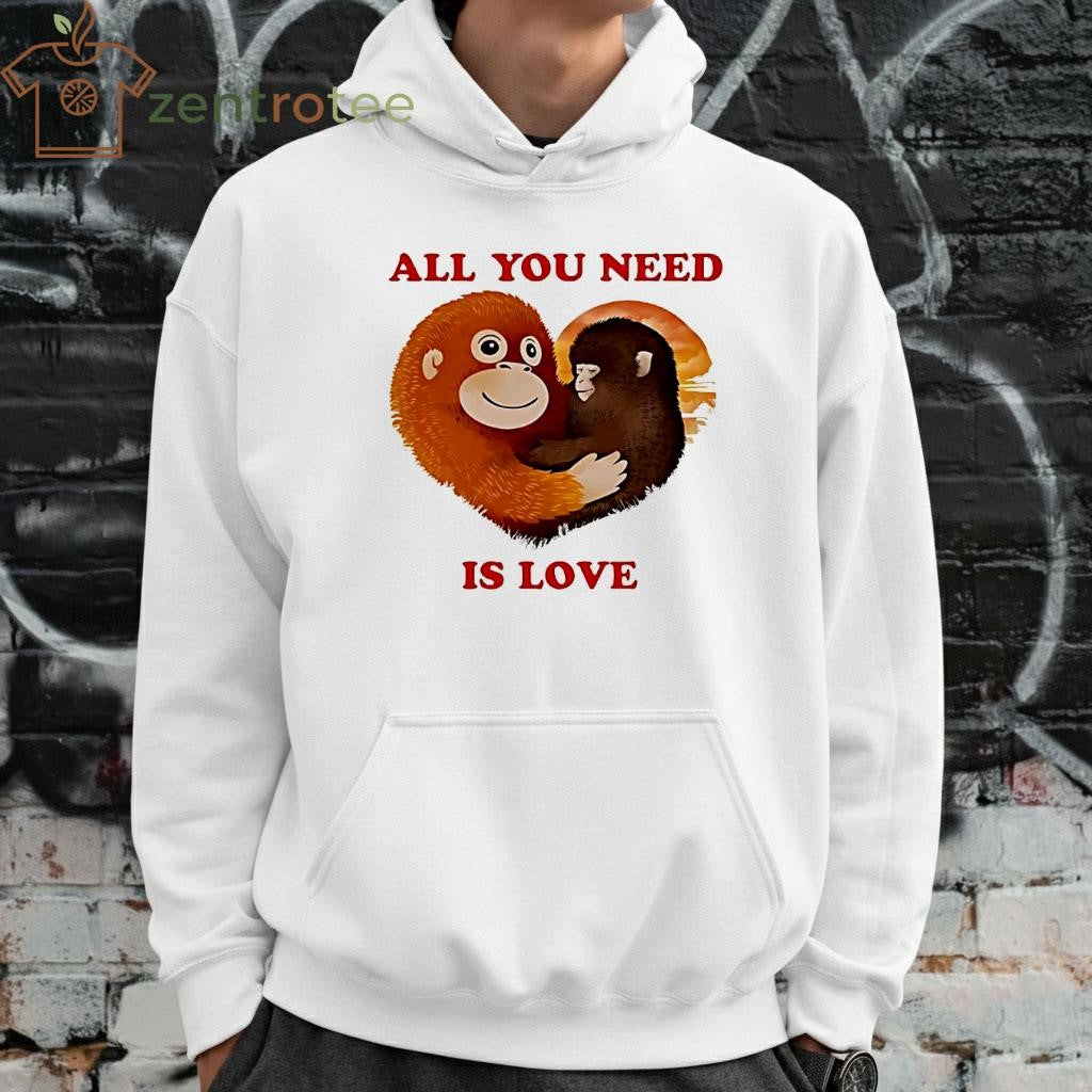 Punch The Monkey with toy All You Need Is Love heart shirt