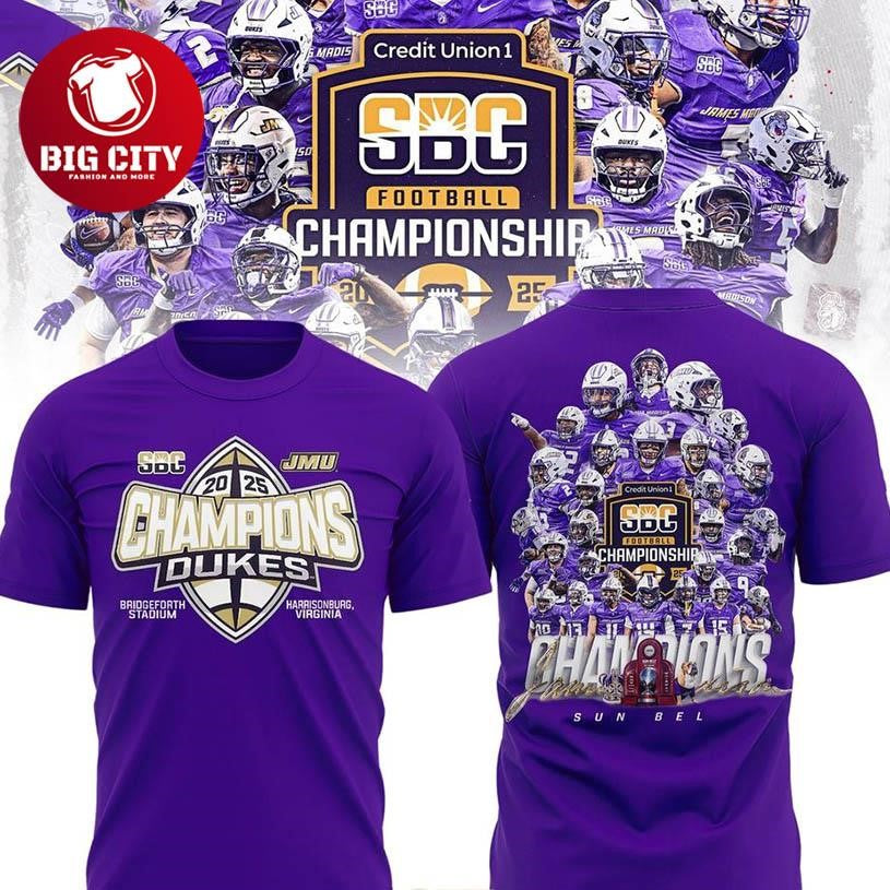 Purple James Madison Dukes 2025 Sun Belt Football Champions Two Sided Shirt