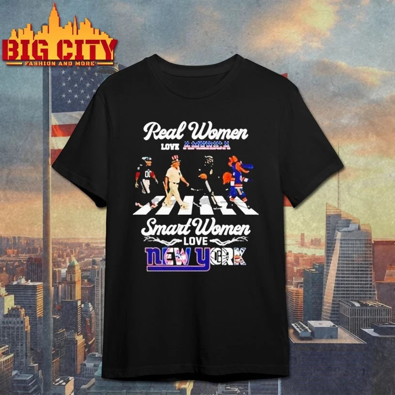 Real Women Love America Smart Women Love New York City Sports Giants Yankees Mets And Islanders Mascot Walking 2025 shirt