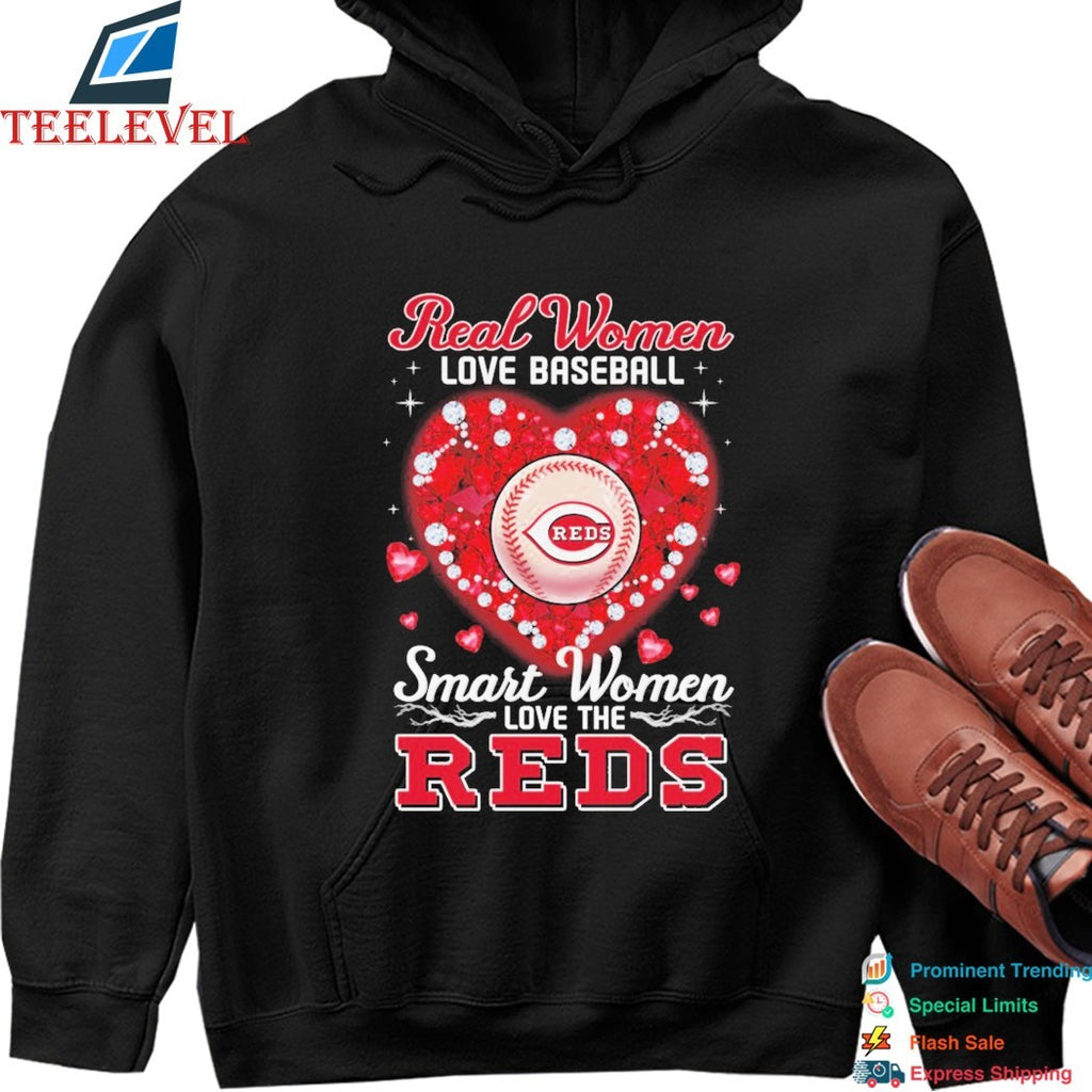 Real Women Love Baseball Smart Women Love The Cincinnati Reds Heart Diamond T-shirts