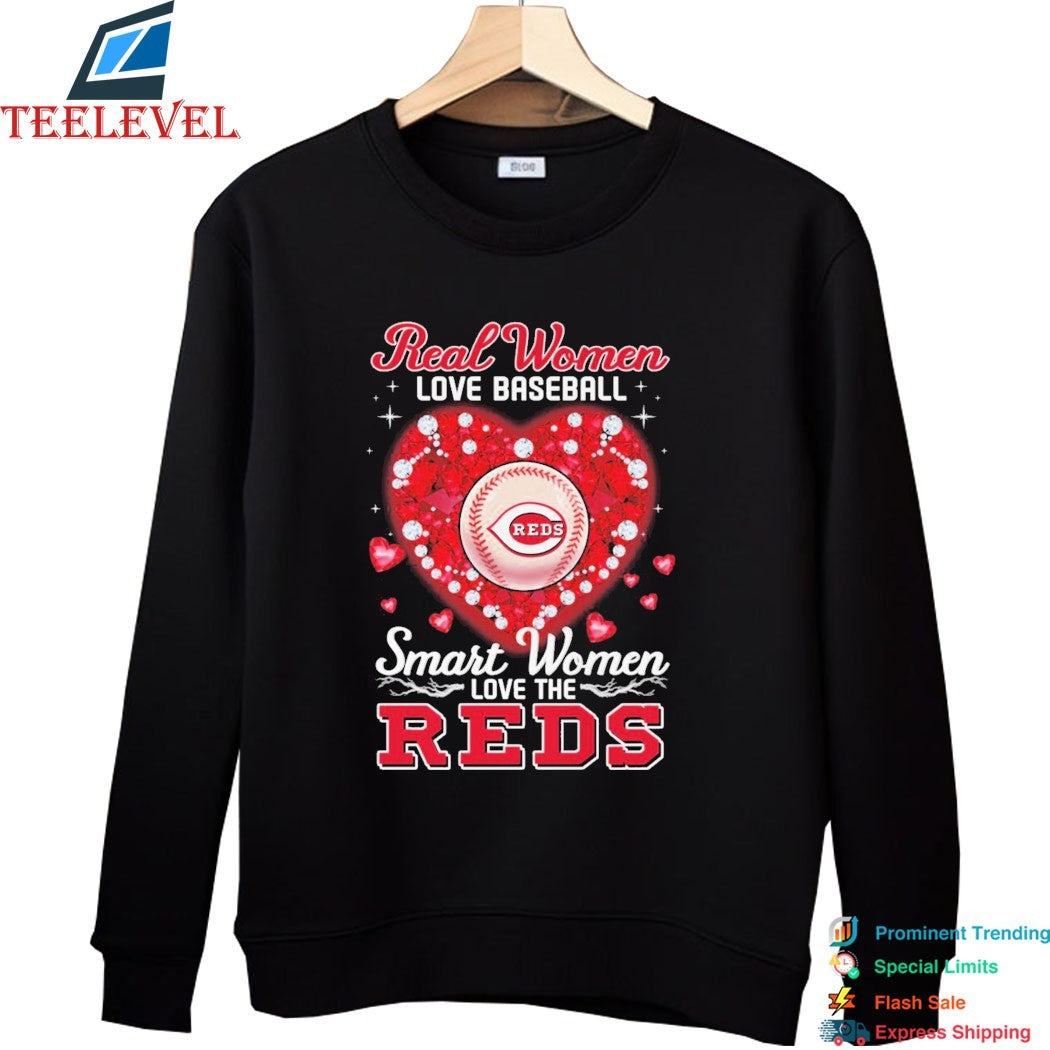Real Women Love Baseball Smart Women Love The Cincinnati Reds Heart Diamond T-shirts