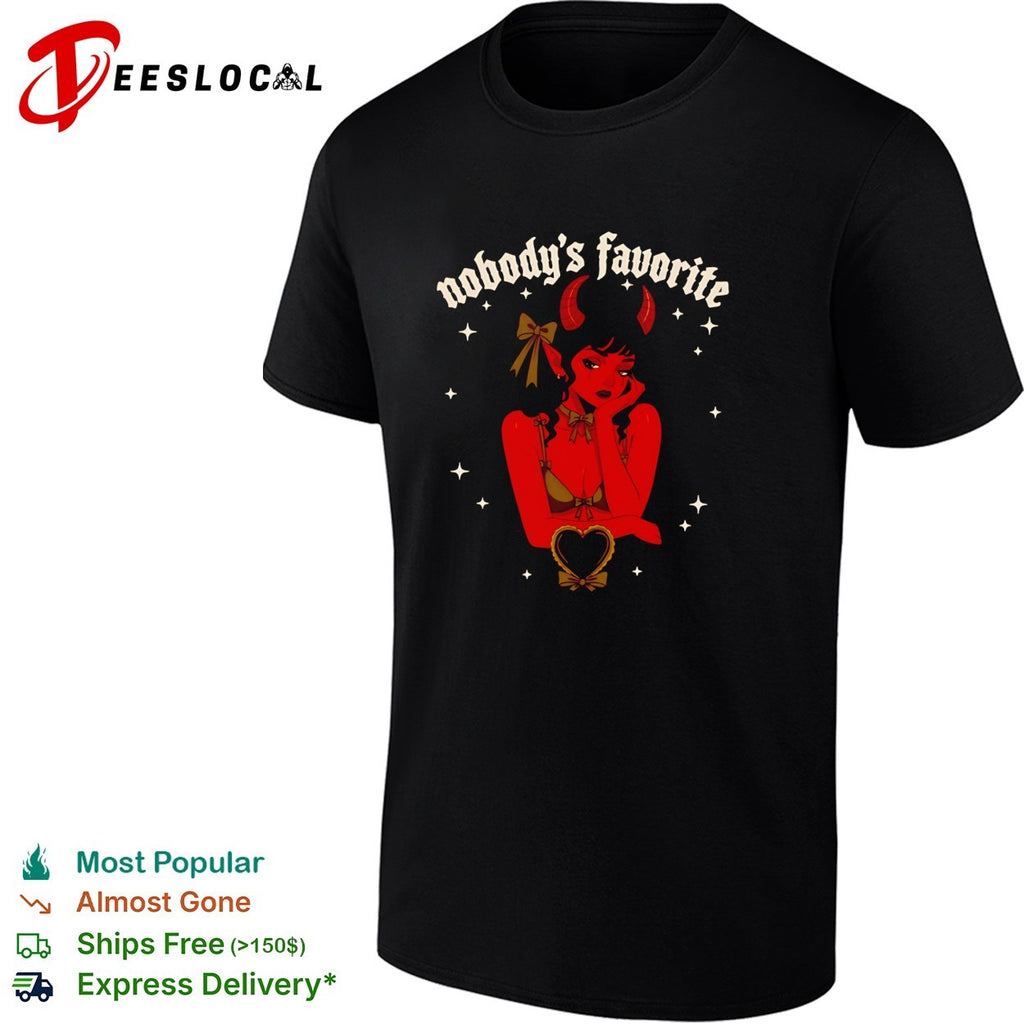 Red devil girl resting chin on hand nobody’s favorite shirt