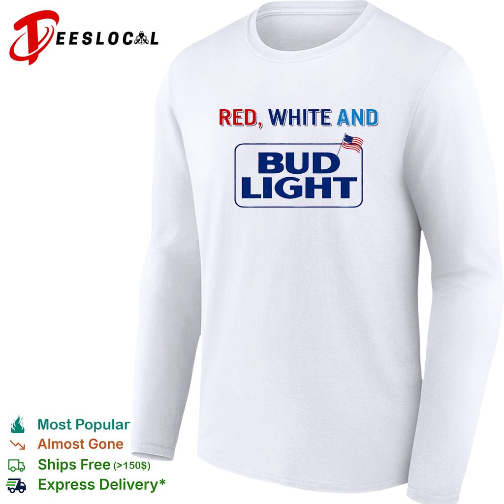 Red white and Bud Light beer logo with American flag bold lettering graphic shirt
