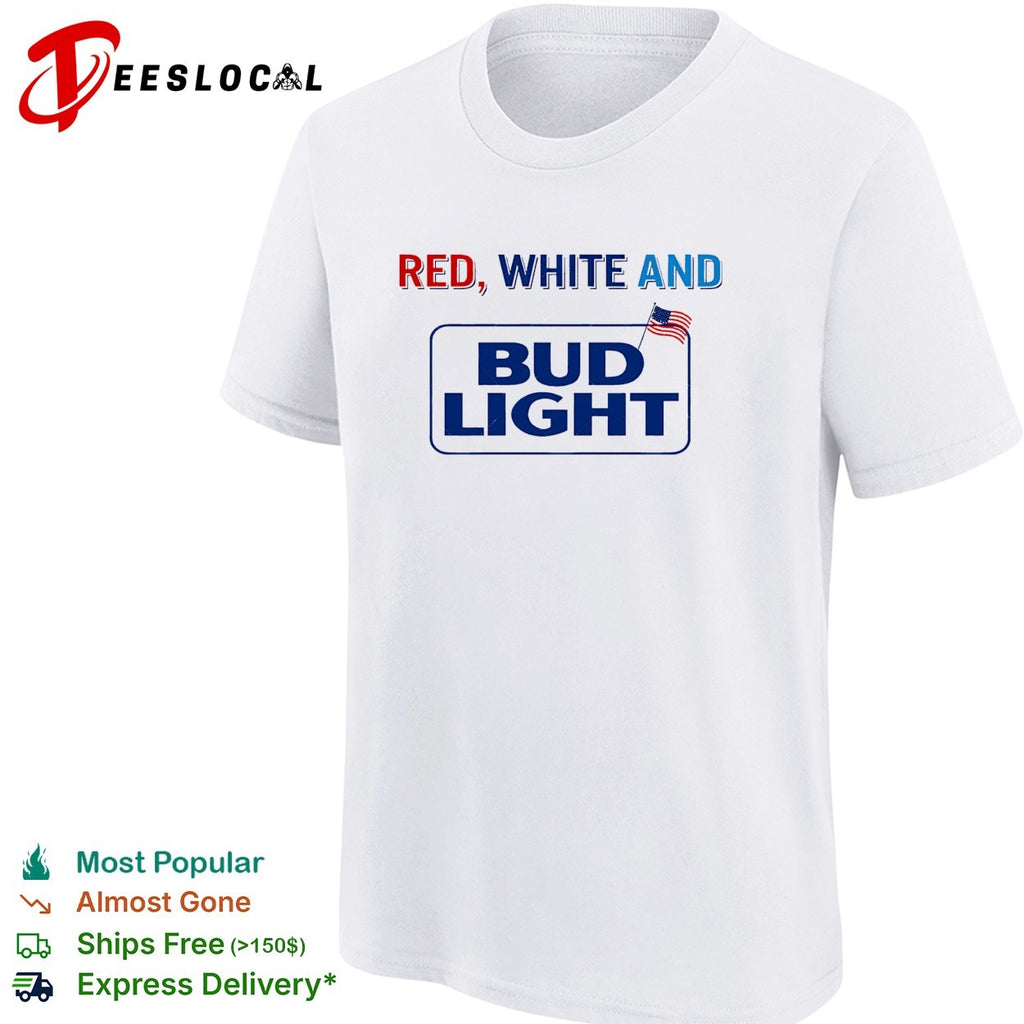Red white and Bud Light beer logo with American flag bold lettering graphic shirt