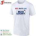 Red white and Bud Light beer logo with American flag bold lettering graphic shirt