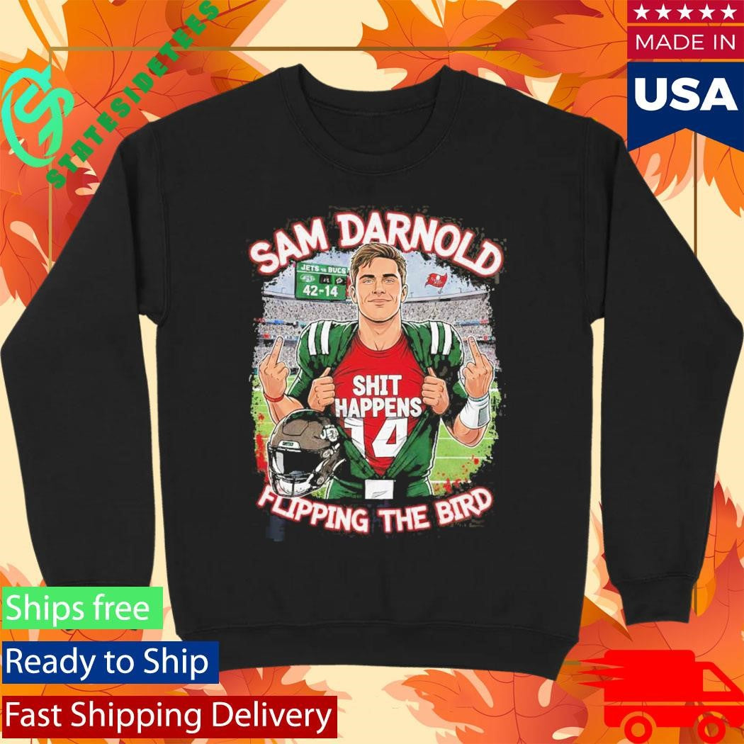 Sam Darnold Shit Happens Flipping The Bird Stadium Graphic T-Shirt