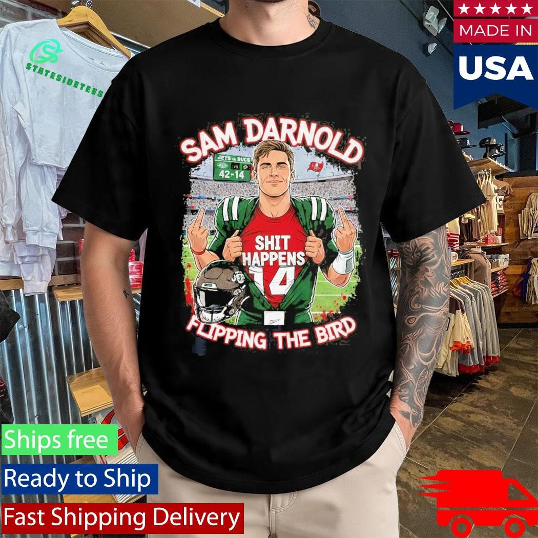 Sam Darnold Shit Happens Flipping The Bird Stadium Graphic T-Shirt
