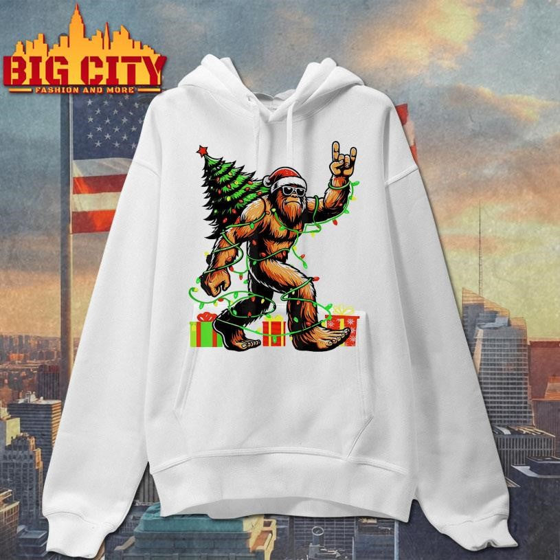 Santa Bigfoot Christmas Tree Xmas Lights Shirt