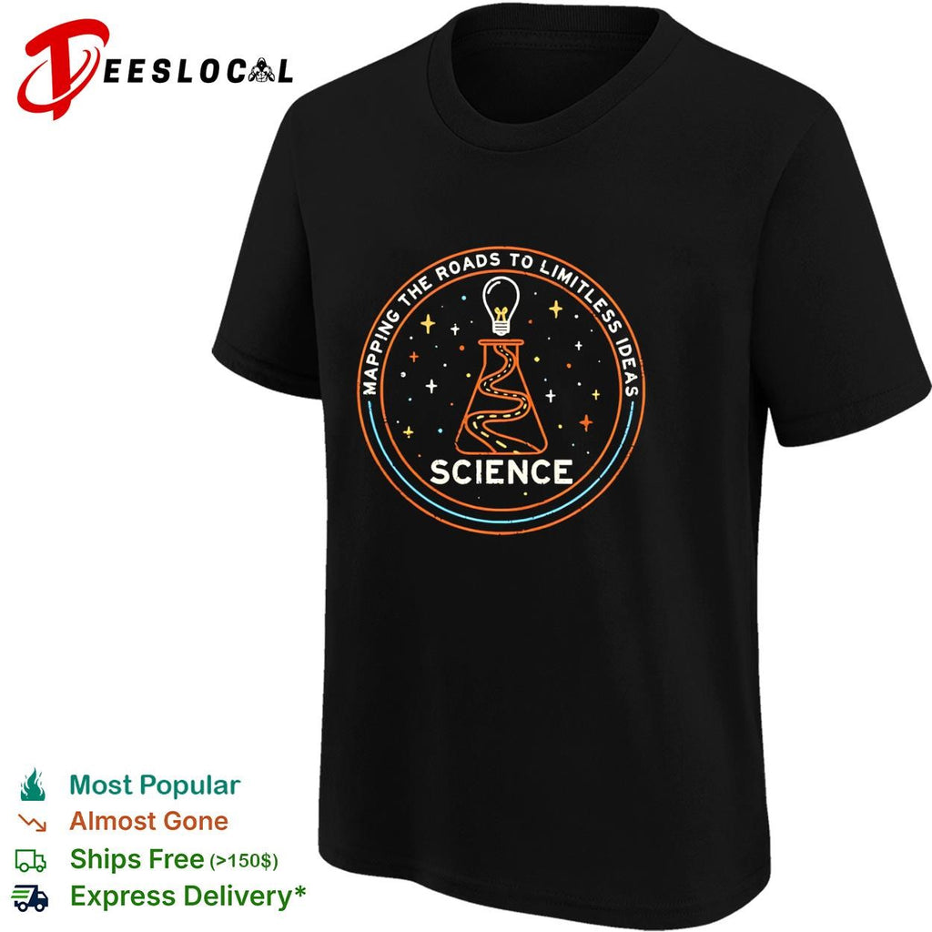Science discovery road flask mapping the roads to limitless ideas shirt