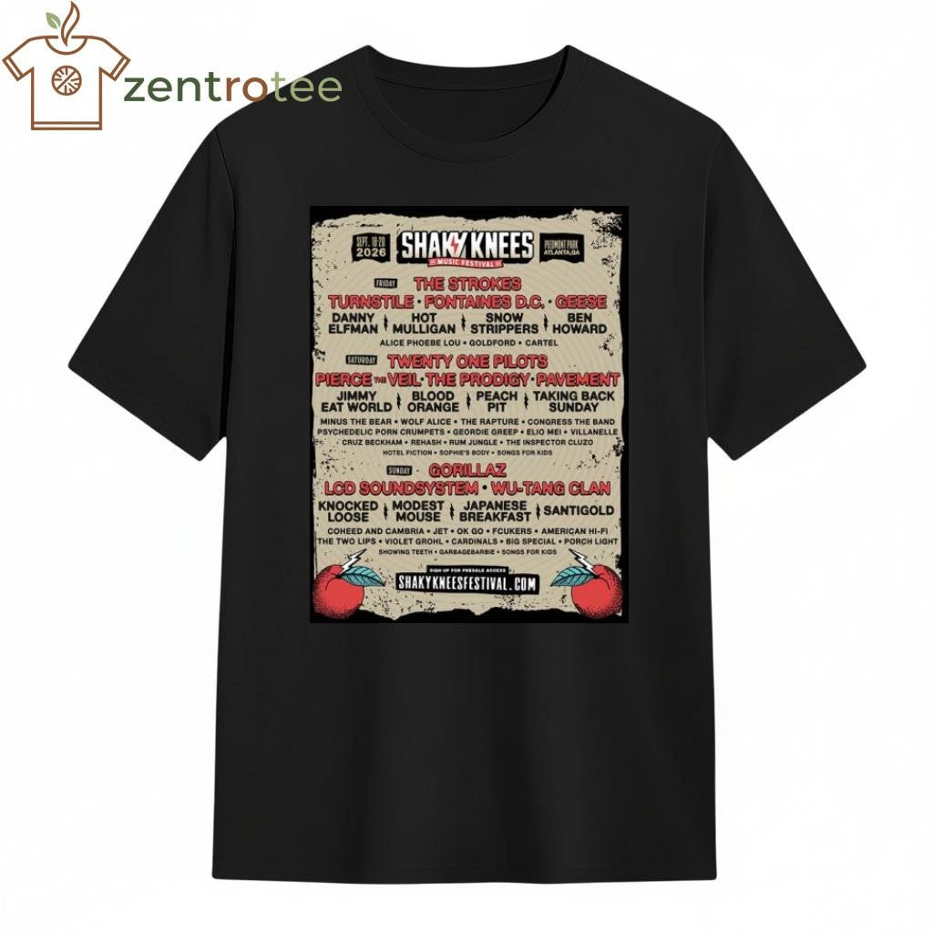 Shaky Knees Music Festival 2026 Full Lineup Poster At Piedmont Park Atlanta GA On September 13-20 2026 Poster shirt