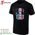 Skeleton wearing bucket hat and lei waiting for Halloween Fear Gear shirt