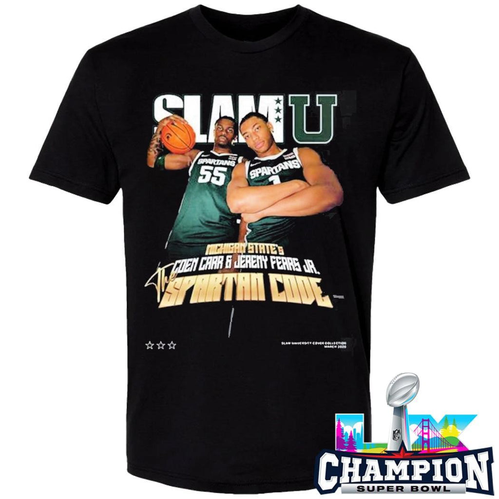 Slamu Michigan State Spartans Coen Carr And Jeremy Fears Jr The Spartan Code Magazine Shirt