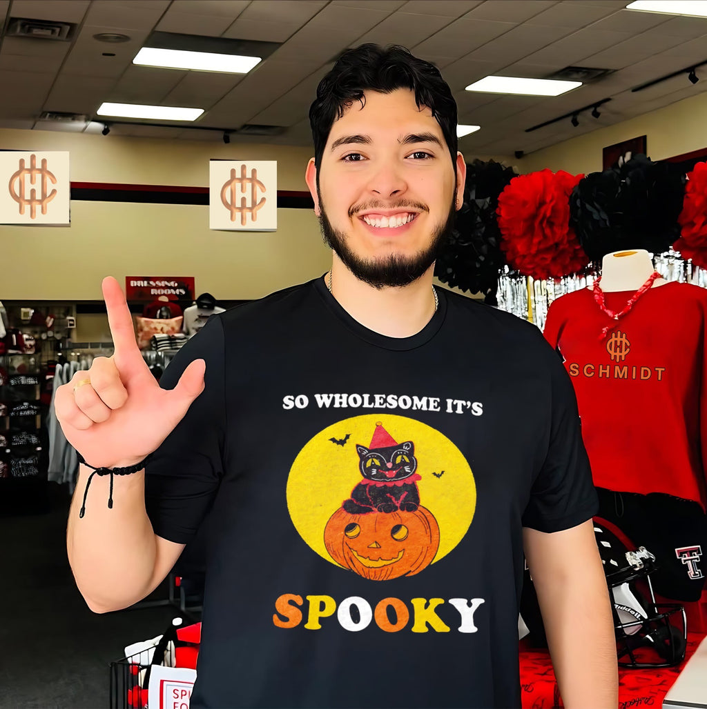 So Wholesome It’s Spooky Black Cat on Pumpkin shirt