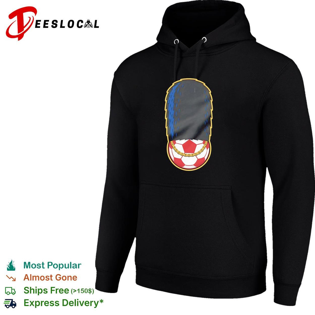 Soccer ball wearing British oyal guard and gold chain shirt