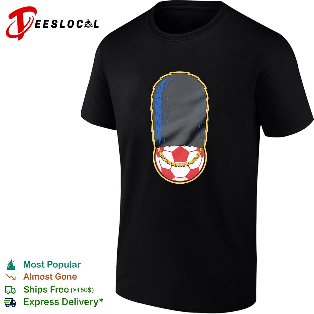 Soccer ball wearing British oyal guard and gold chain shirt