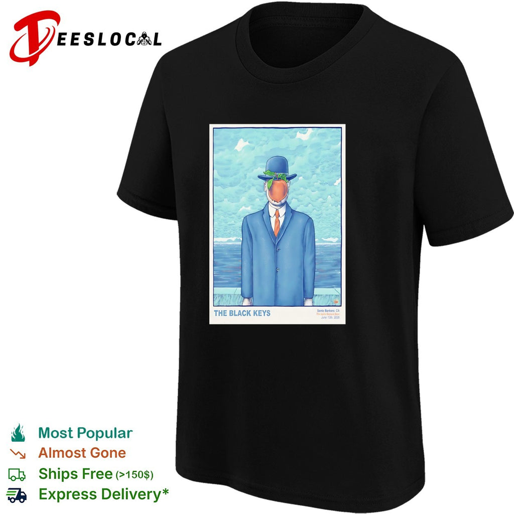Son of Man surrealist apple face businessman bowler hat ocean concert poster shirt