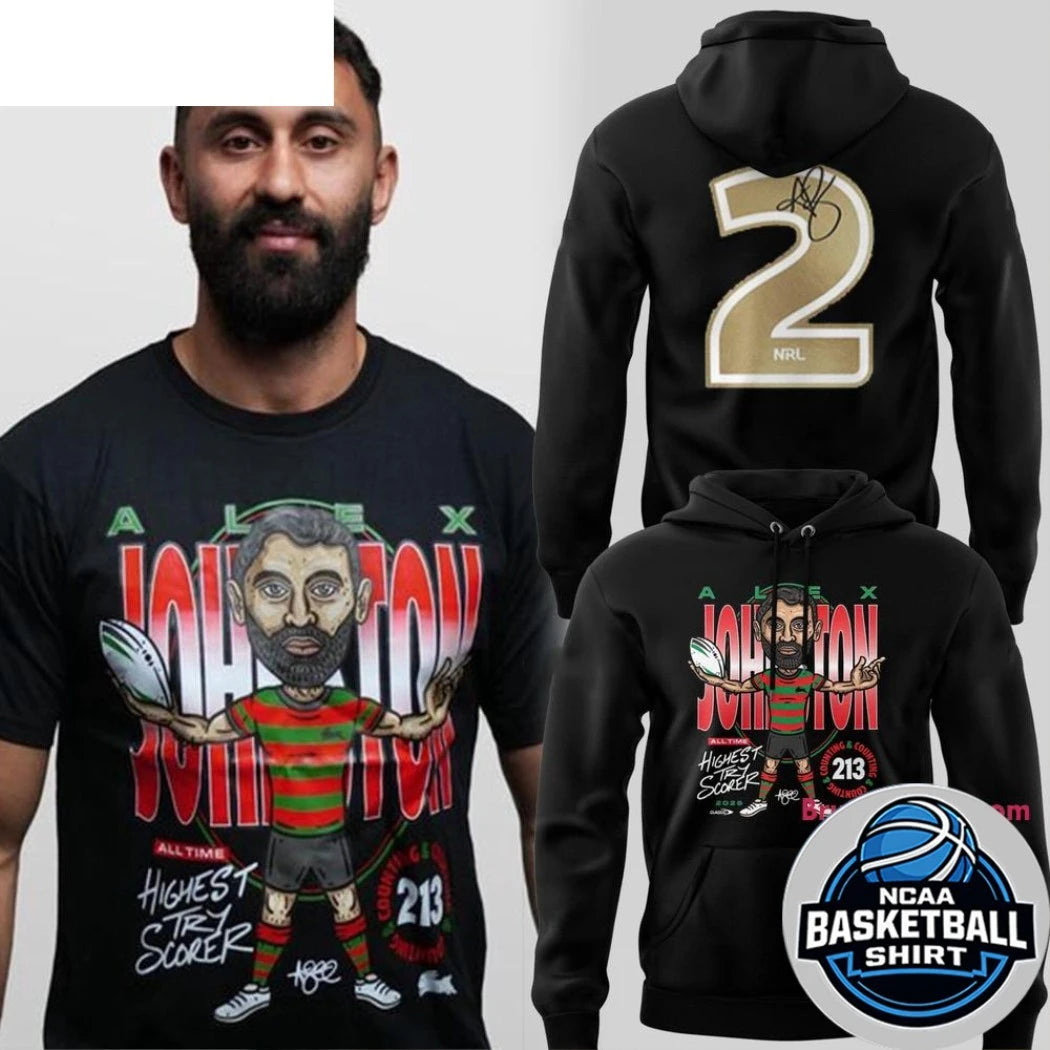 South Sydney Rabbitohs Alex Johnston Record Breaker Black Hoodie Shirts
