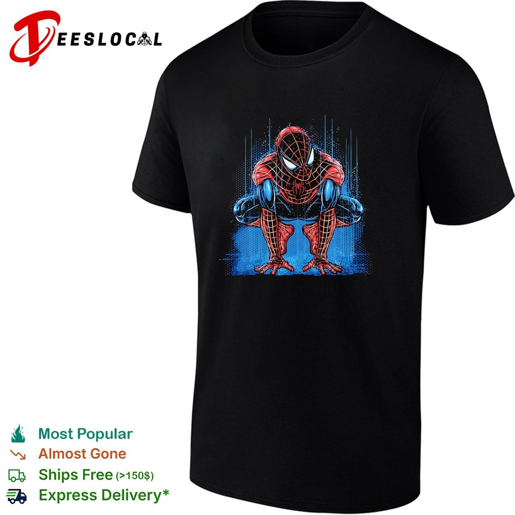 Spider-Man crouching action pose comic book style art shirt