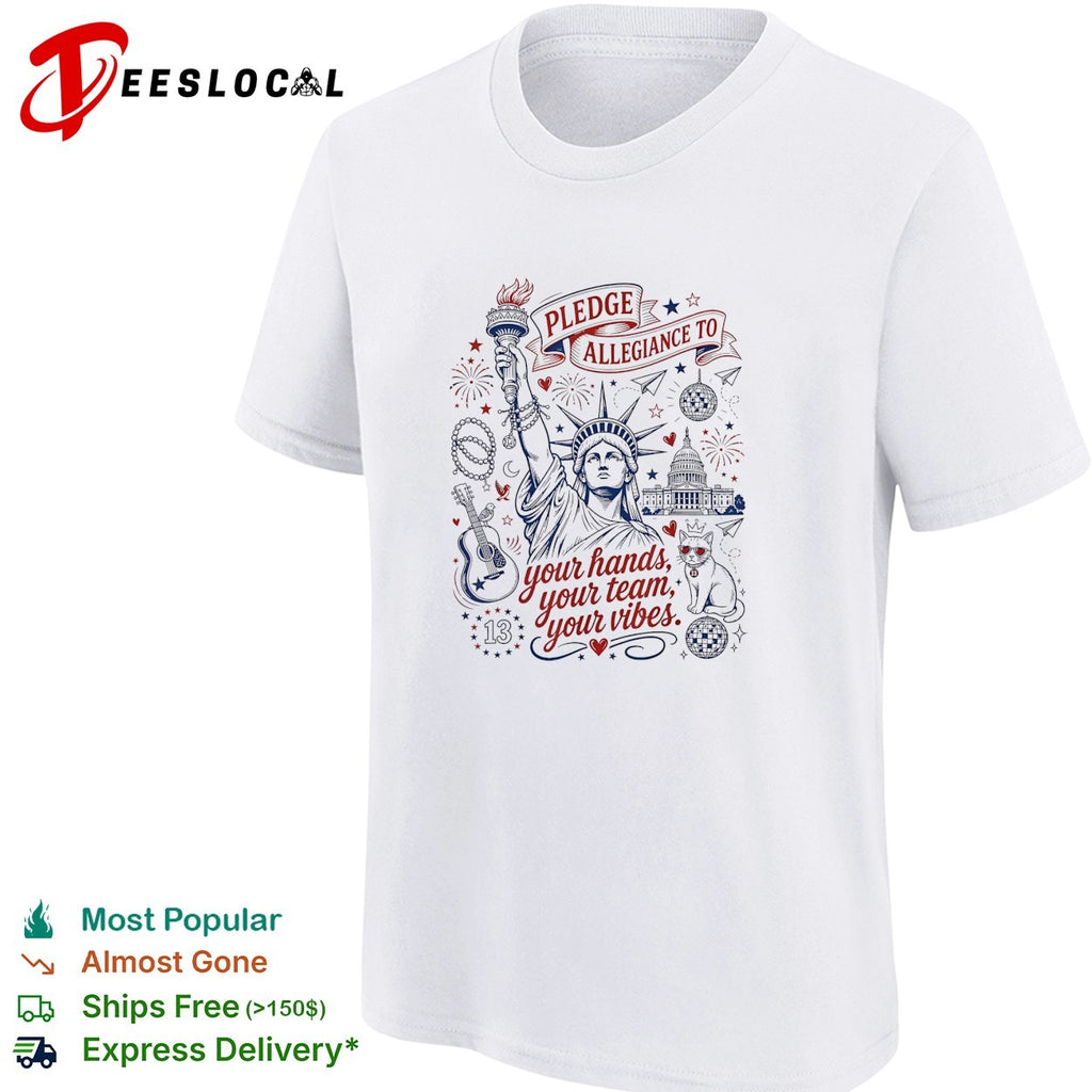 Statue of Liberty pledge allegiance crescent moon star white shirt