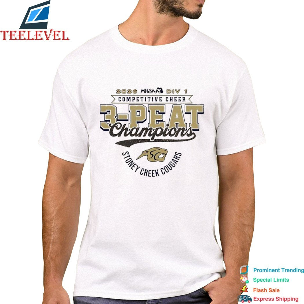 Stoney Creek Cougars 2026 MHSAA Cheer D1 3-Peat Champions T-shirts