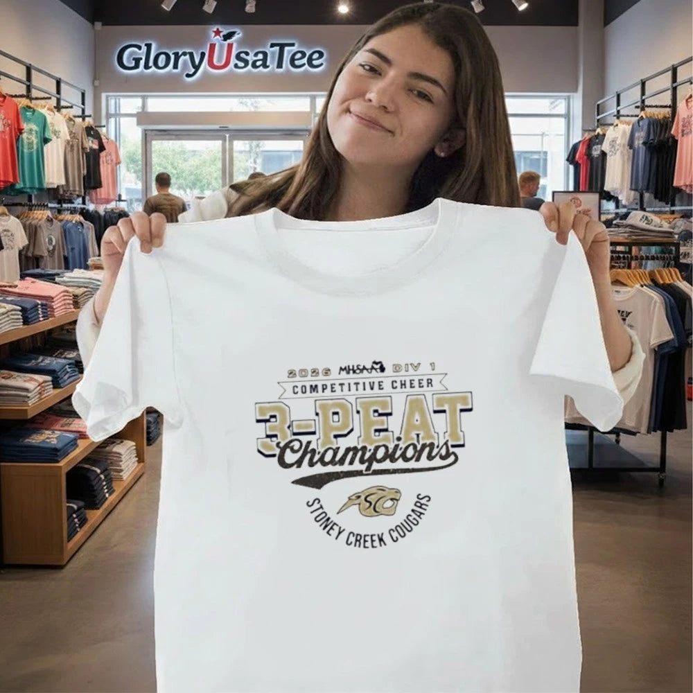 Stoney Creek Cougars 2026 MHSAA Cheer D1 3-Peat Champions logo shirt