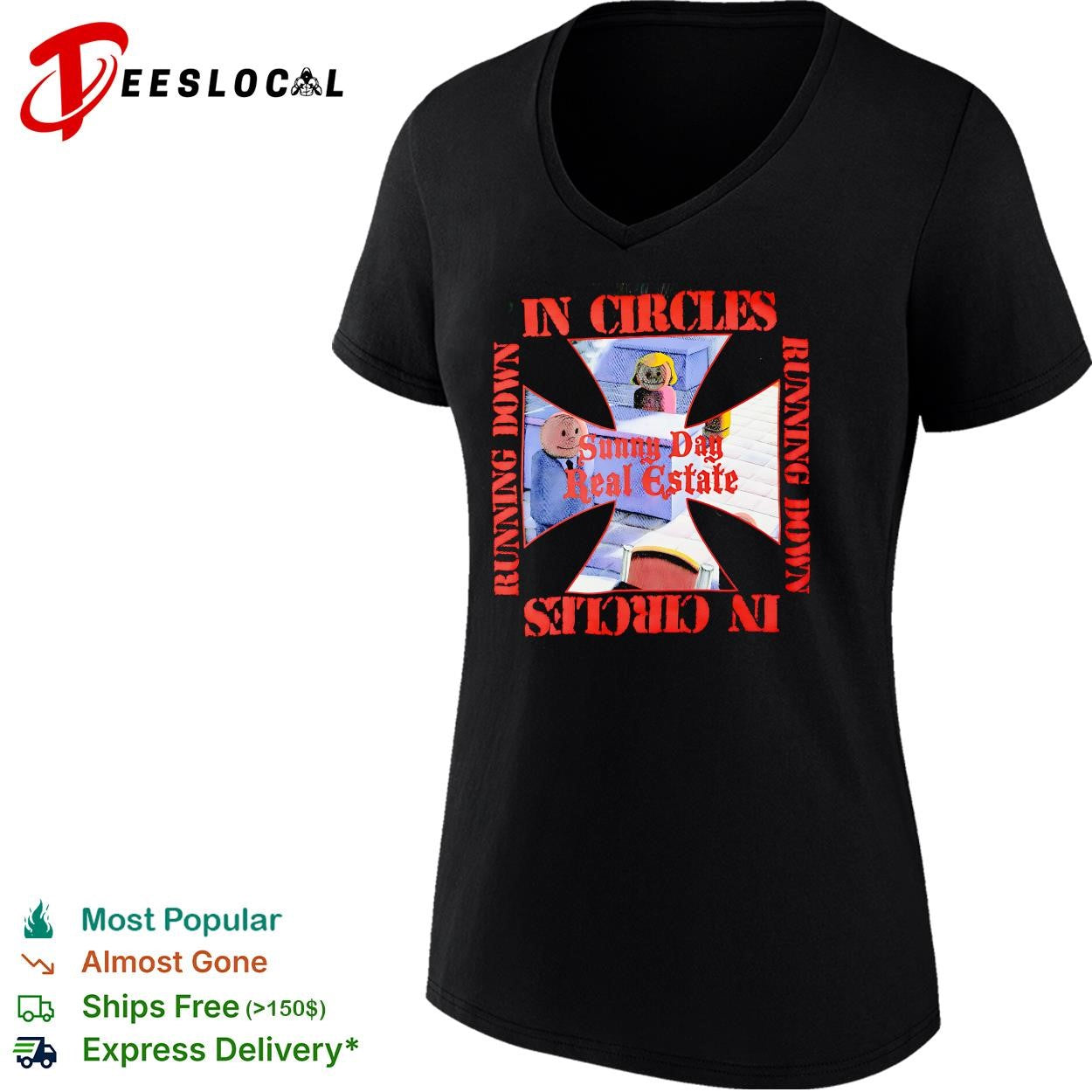 Sunny Day Real Estate in circles running down shirt
