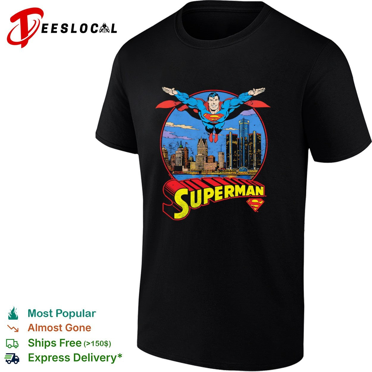 Superman Detroit Skyline Metropolis DC Comics Logo Retro Comic Book shirt