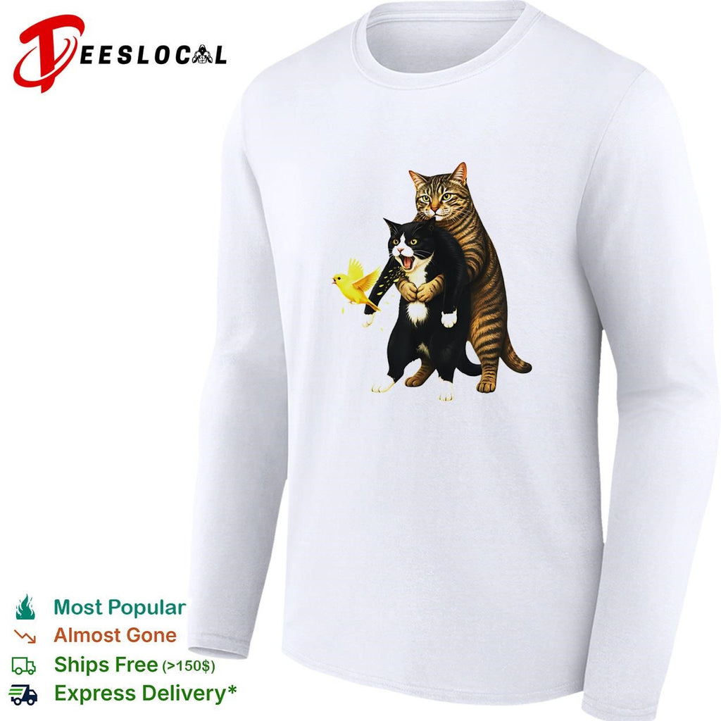 Tabby cat hugging black cat animal meme yellow bird shirt