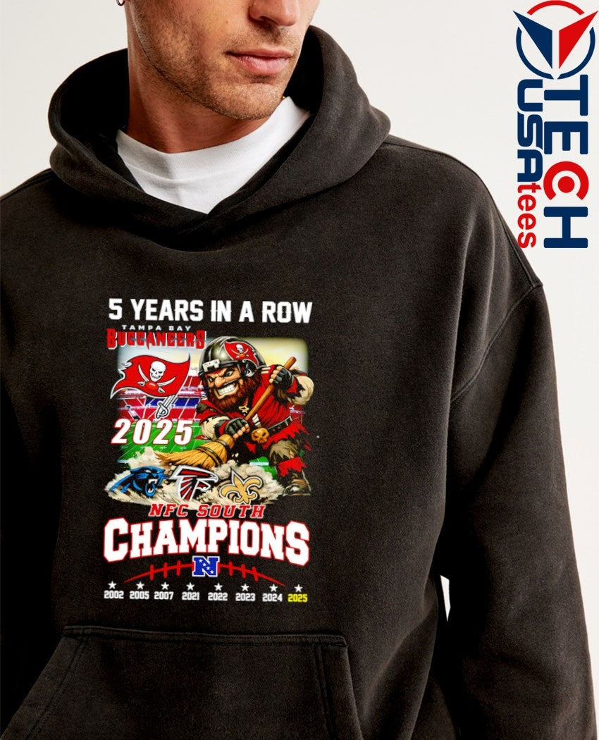 Tampa Bay Buccaneers 5 years in a row 2025 NFC South Champions mascot shirt